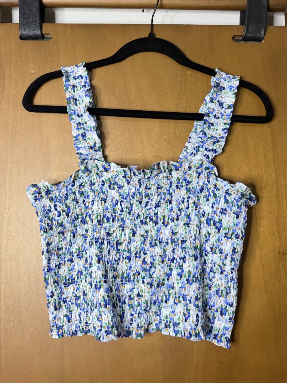 Veronica Beard Blue Floral Smocked Square-Neck Tank, M